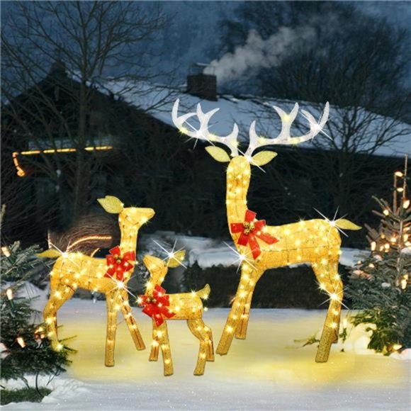 Set of 3 Pre-lit Golden Reindeer with 210 LEDs Warm White Lights - Picture 4 of 7